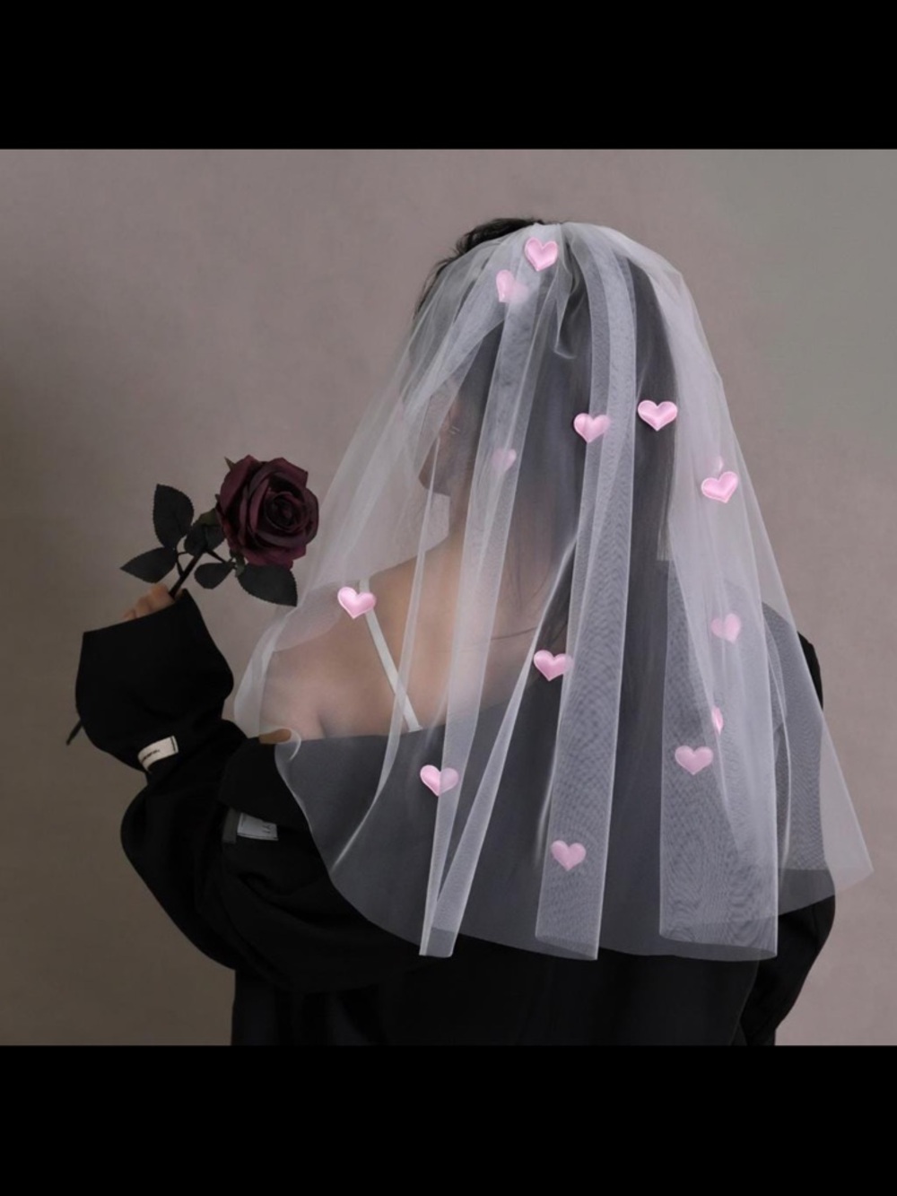 White Bridal Veil with Pink Heart Appliqués